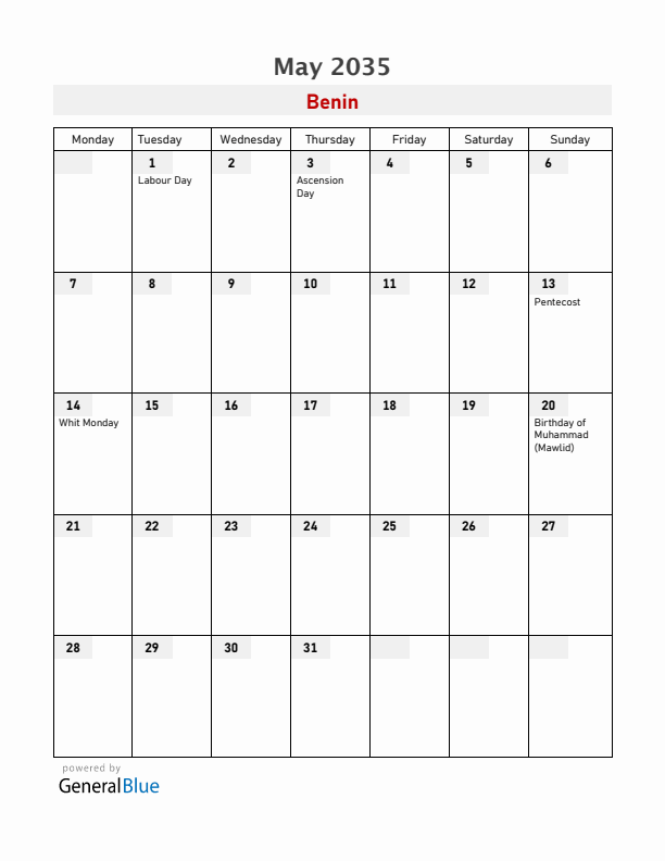 Benin May 2035 Calendar with Holidays