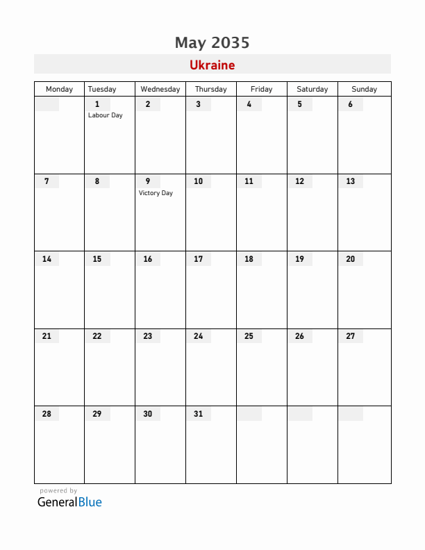 Ukraine May 2035 Calendar with Holidays
