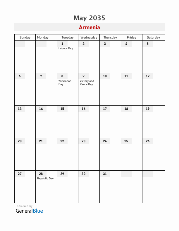 Armenia May 2035 Calendar with Holidays