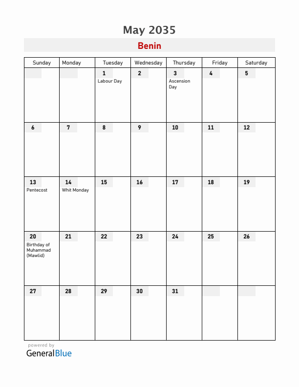 Benin May 2035 Calendar with Holidays