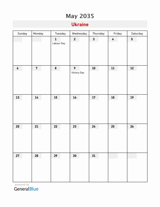Ukraine May 2035 Calendar with Holidays