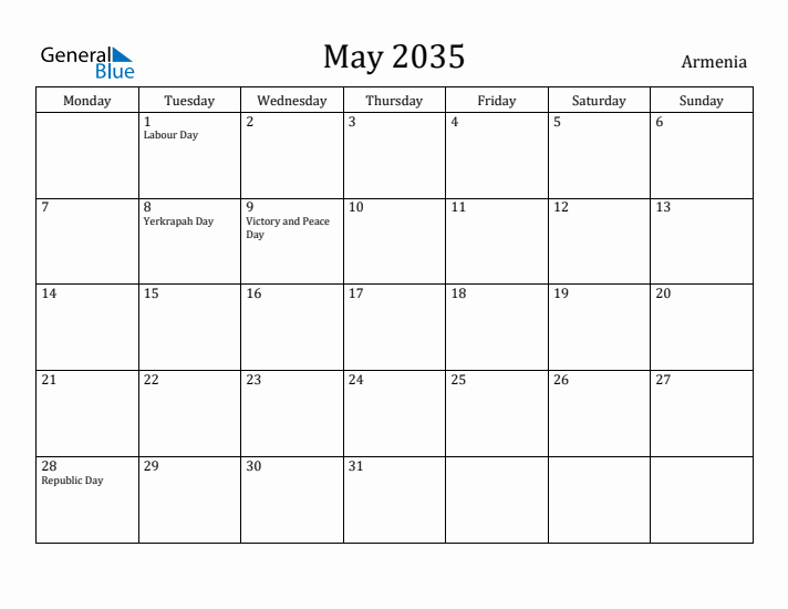 May 2035 Calendar Armenia