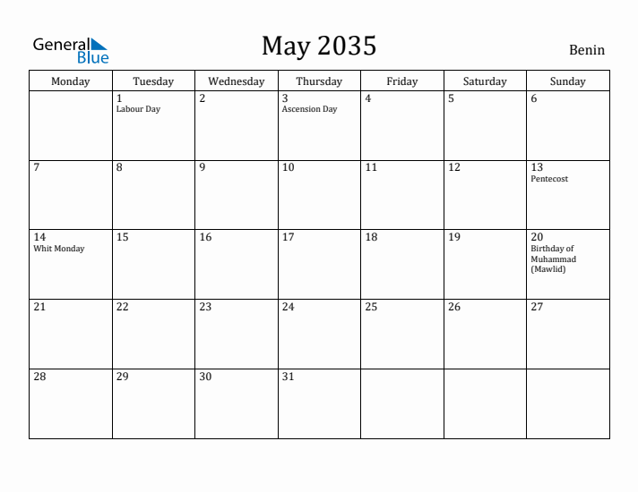 May 2035 Calendar Benin