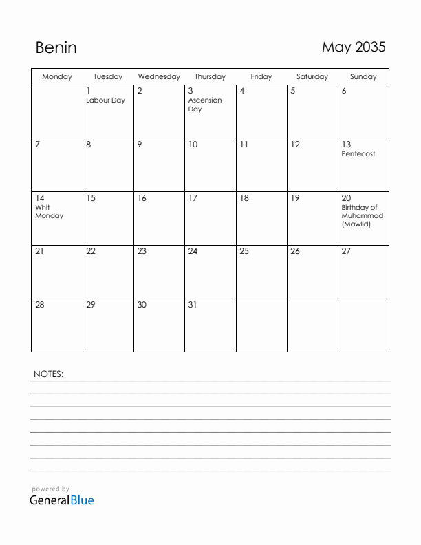 May 2035 Benin Calendar with Holidays (Monday Start)