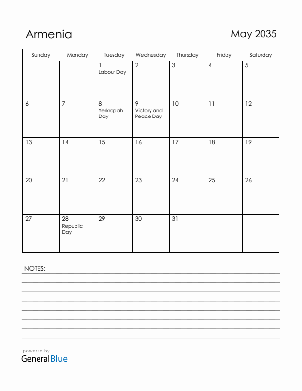 May 2035 Armenia Calendar with Holidays (Sunday Start)