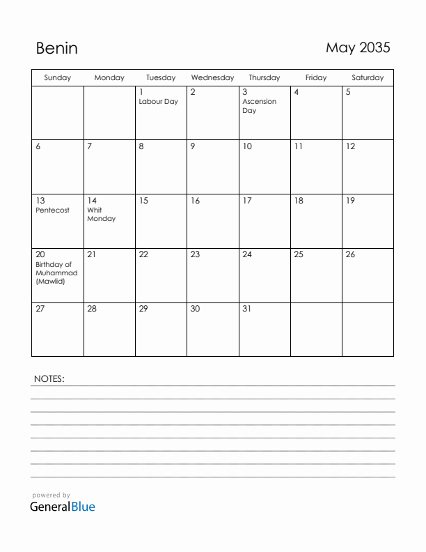 May 2035 Benin Calendar with Holidays (Sunday Start)
