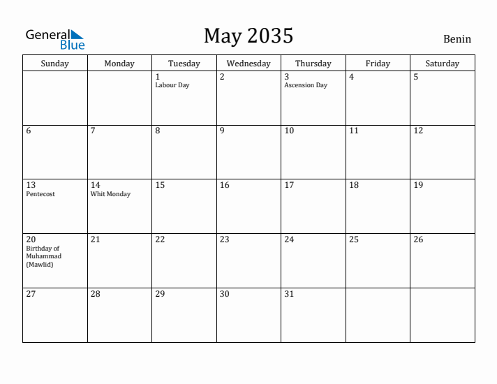 May 2035 Calendar Benin