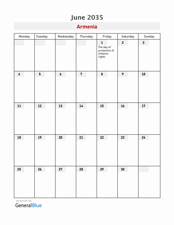 Armenia June 2035 Calendar with Holidays