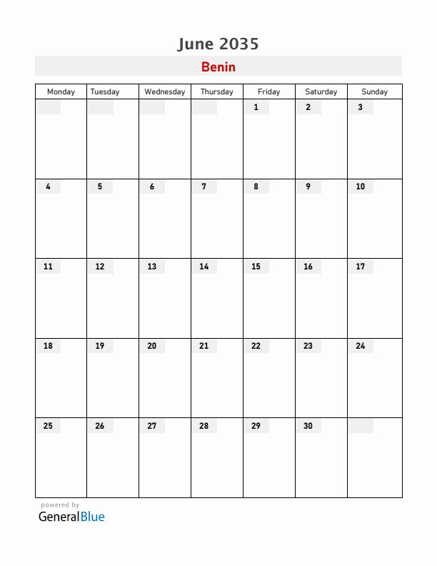 Benin June 2035 Calendar with Holidays