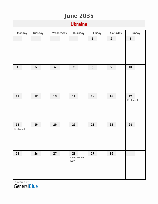 Ukraine June 2035 Calendar with Holidays