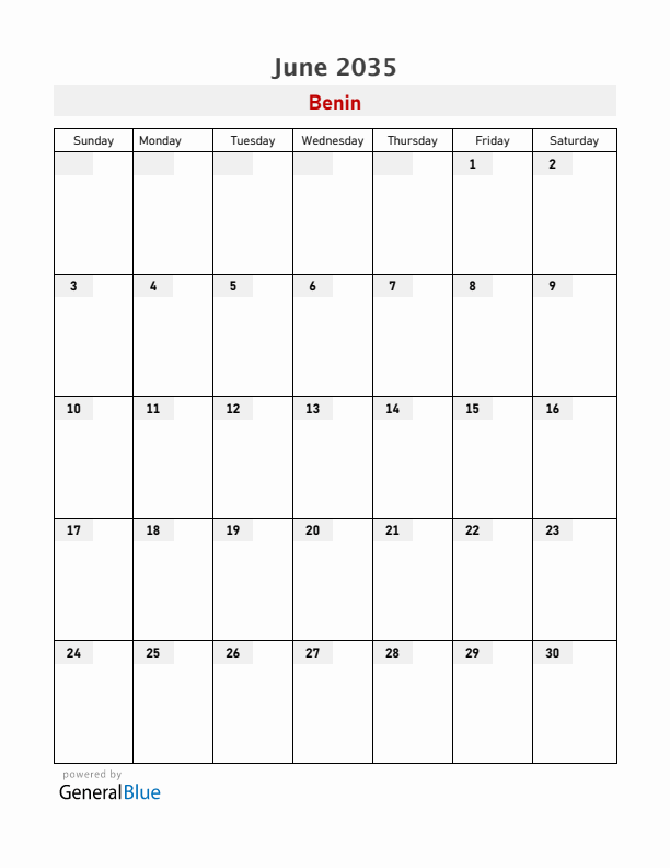 Benin June 2035 Calendar with Holidays