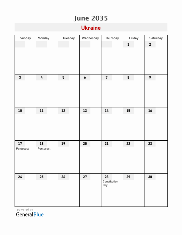 Ukraine June 2035 Calendar with Holidays