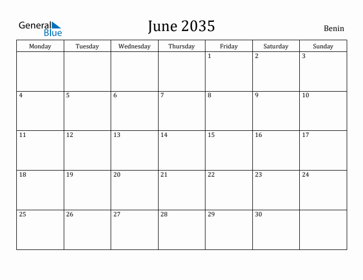 June 2035 Calendar Benin