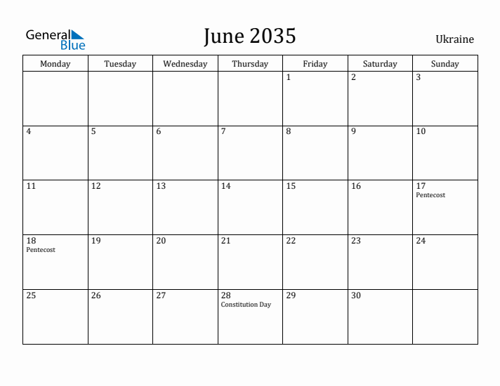 June 2035 Calendar Ukraine