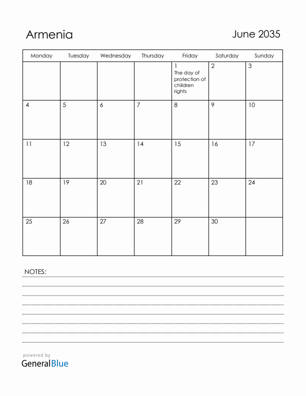 June 2035 Armenia Calendar with Holidays (Monday Start)
