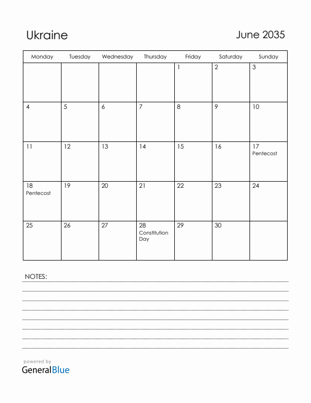 June 2035 Ukraine Calendar with Holidays (Monday Start)