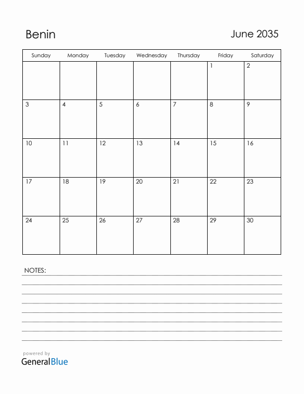 June 2035 Benin Calendar with Holidays (Sunday Start)