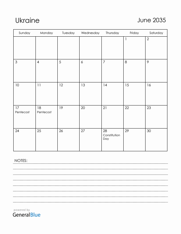 June 2035 Ukraine Calendar with Holidays (Sunday Start)