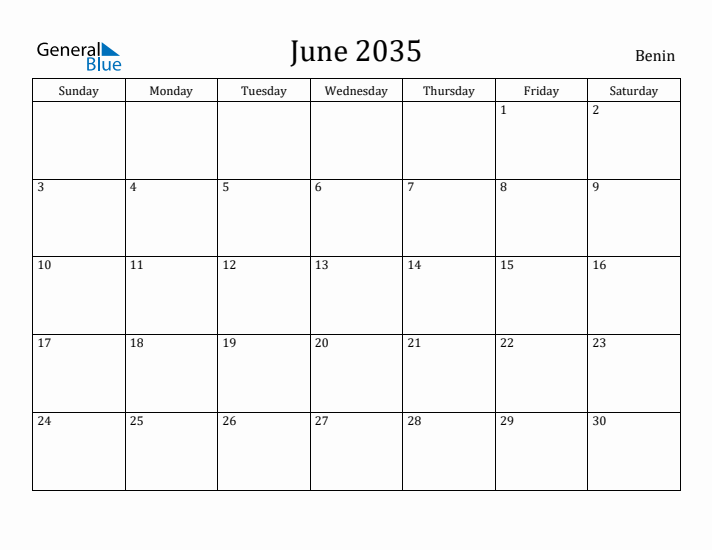 June 2035 Calendar Benin