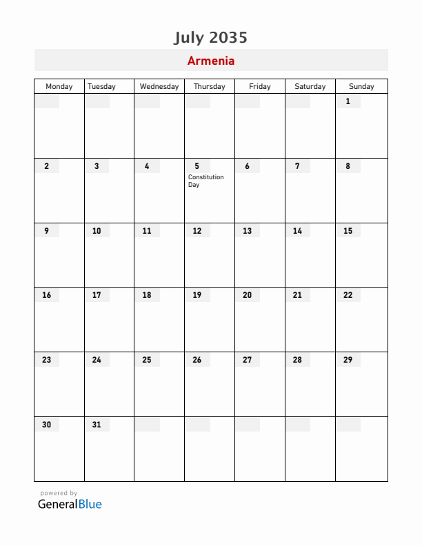 Armenia July 2035 Calendar with Holidays