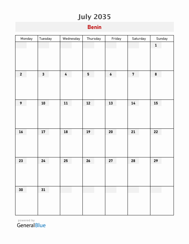 Benin July 2035 Calendar with Holidays