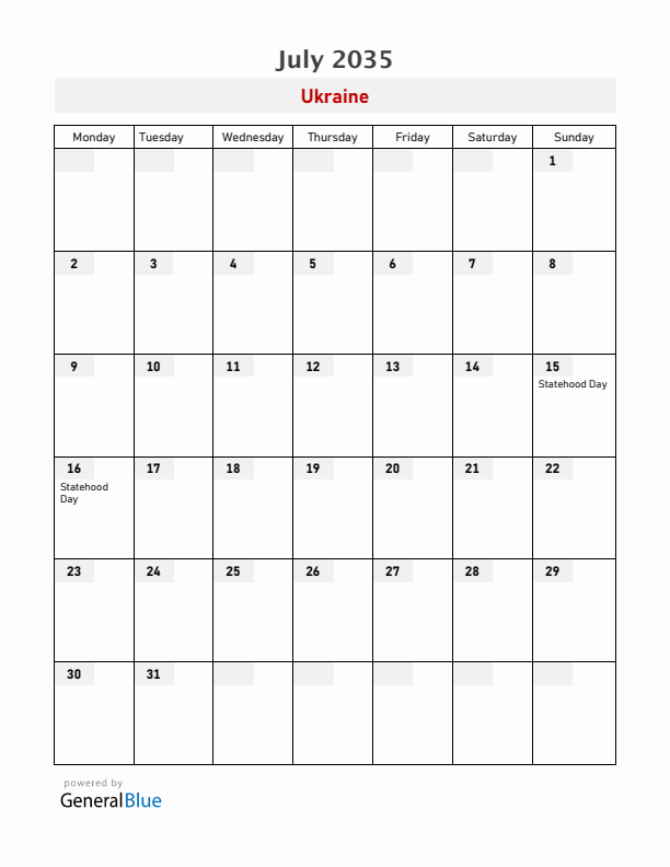 Ukraine July 2035 Calendar with Holidays