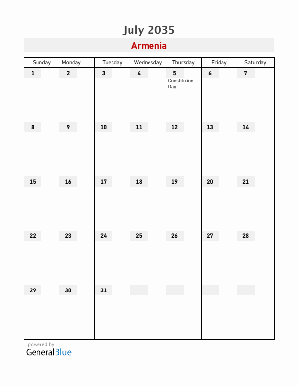 Armenia July 2035 Calendar with Holidays