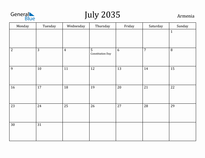 July 2035 Calendar Armenia