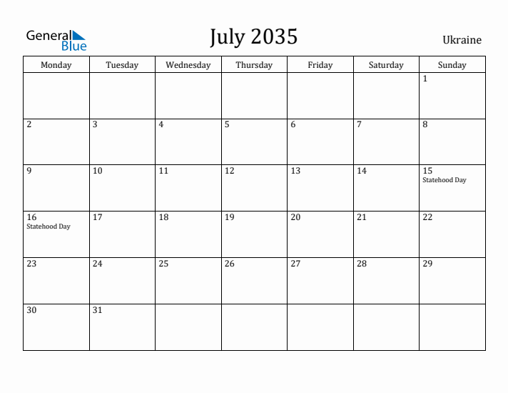 July 2035 Calendar Ukraine