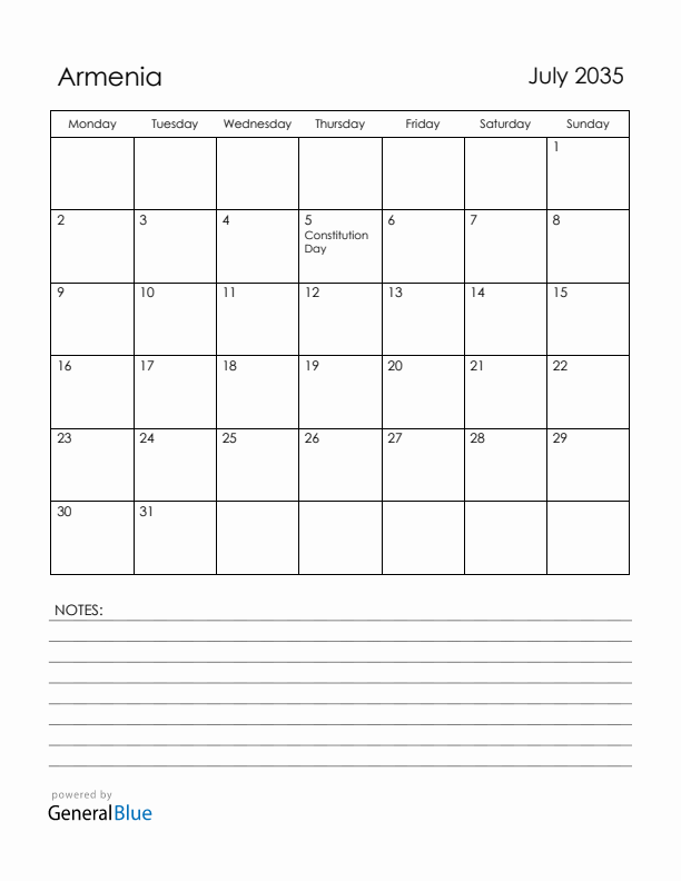 July 2035 Armenia Calendar with Holidays (Monday Start)