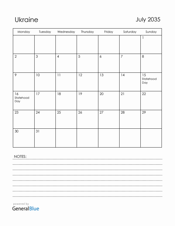 July 2035 Ukraine Calendar with Holidays (Monday Start)