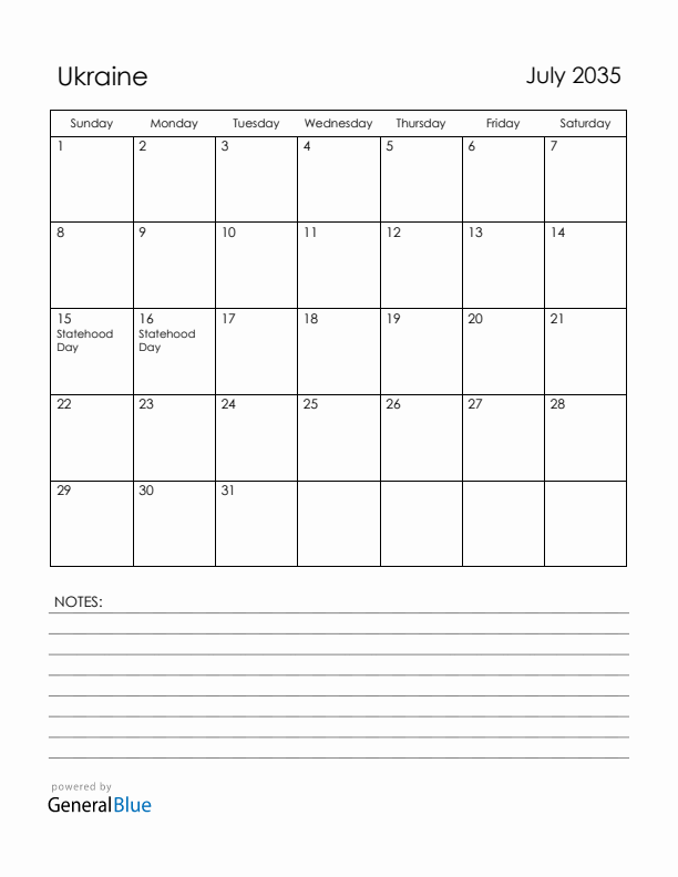 July 2035 Ukraine Calendar with Holidays (Sunday Start)
