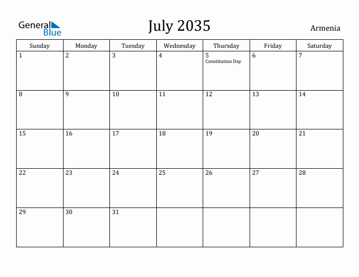 July 2035 Calendar Armenia