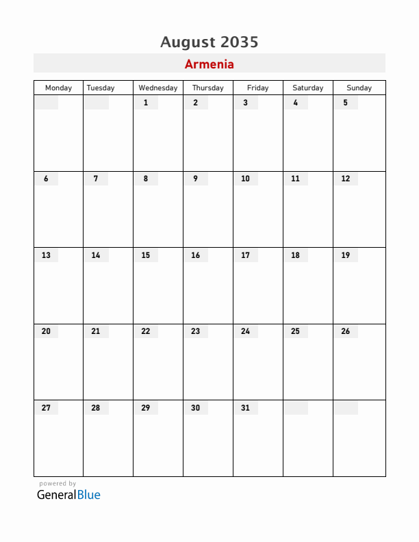 Armenia August 2035 Calendar with Holidays