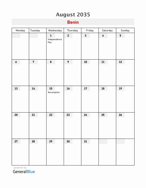 Benin August 2035 Calendar with Holidays