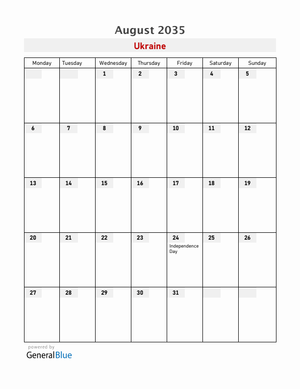 Ukraine August 2035 Calendar with Holidays