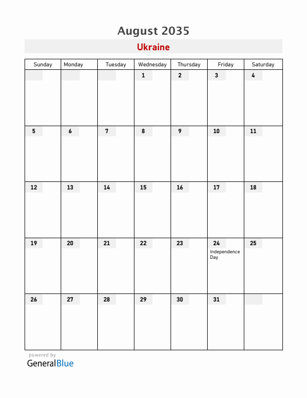 Ukraine August 2035 Calendar with Holidays