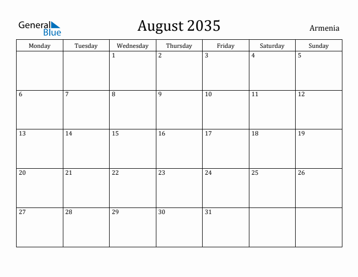 August 2035 Calendar Armenia
