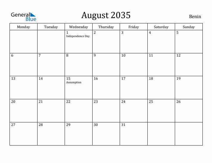 August 2035 Calendar Benin