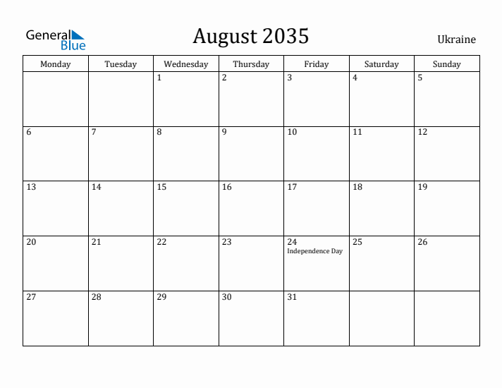 August 2035 Calendar Ukraine