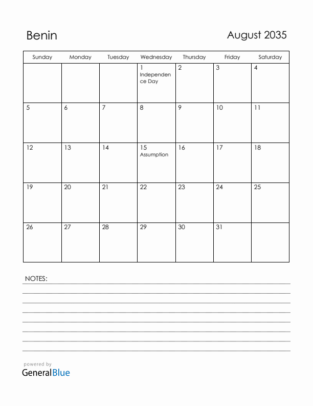 August 2035 Benin Calendar with Holidays (Sunday Start)