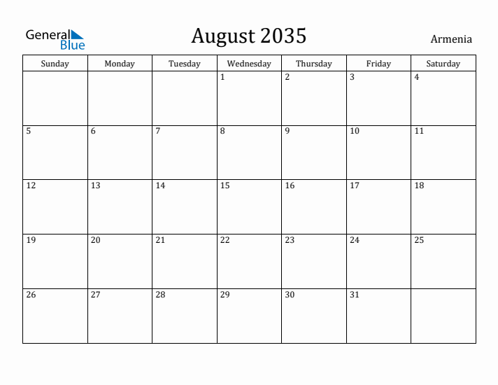 August 2035 Calendar Armenia