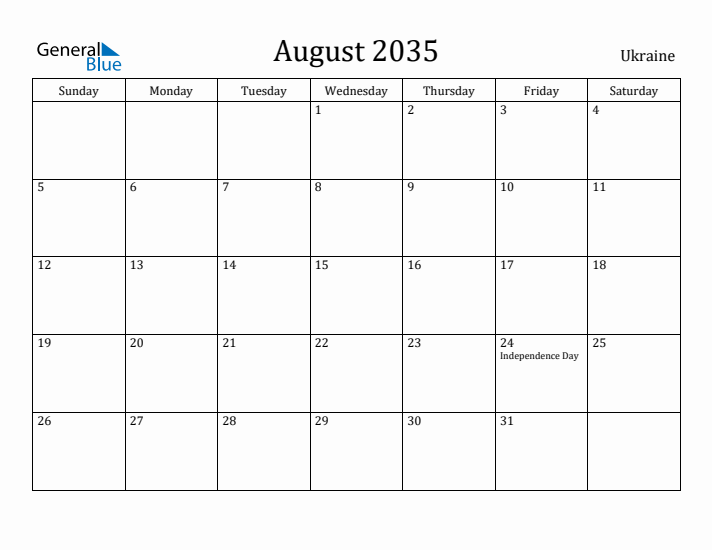 August 2035 Calendar Ukraine
