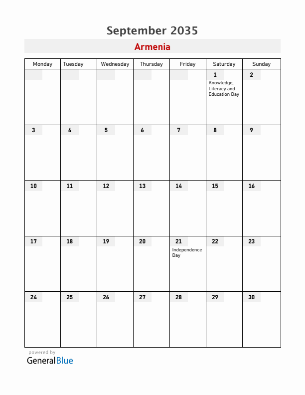 Armenia September 2035 Calendar with Holidays