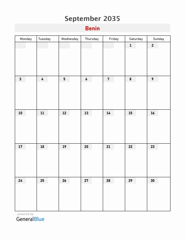 Benin September 2035 Calendar with Holidays