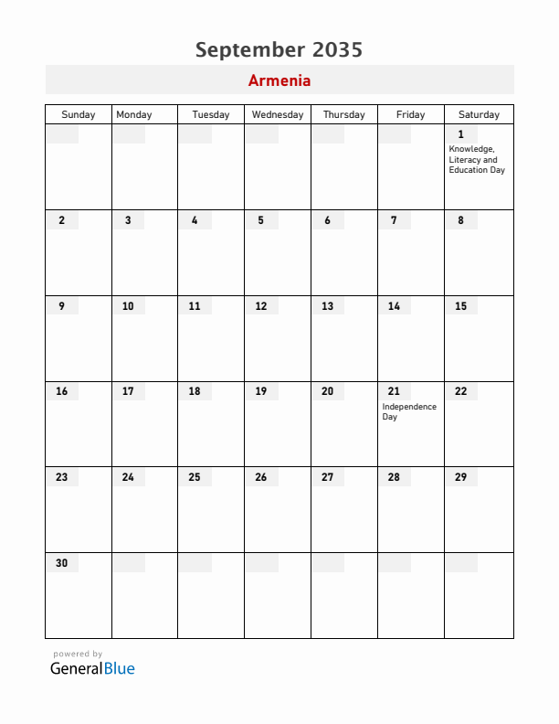 Armenia September 2035 Calendar with Holidays