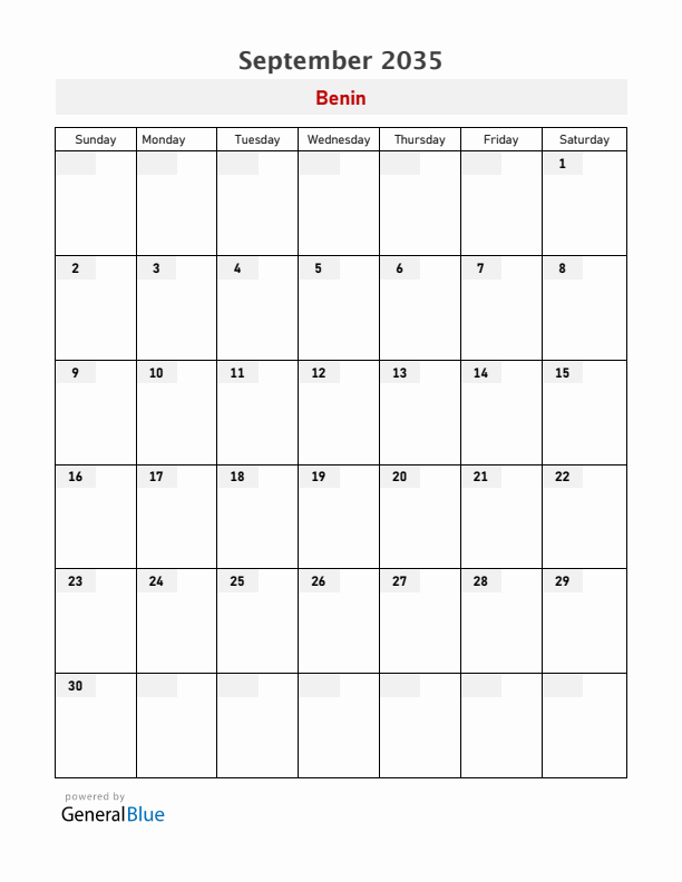 Benin September 2035 Calendar with Holidays