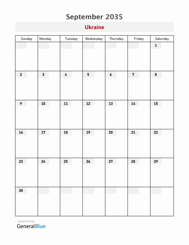 Ukraine September 2035 Calendar with Holidays