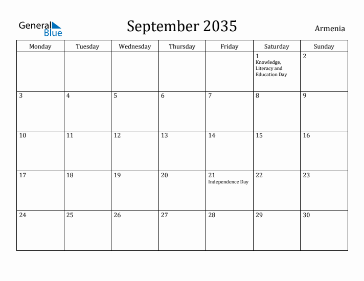September 2035 Calendar Armenia