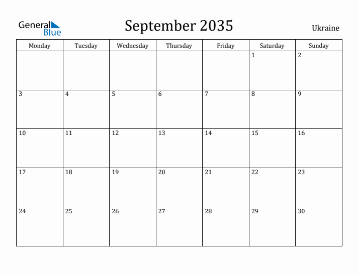 September 2035 Calendar Ukraine